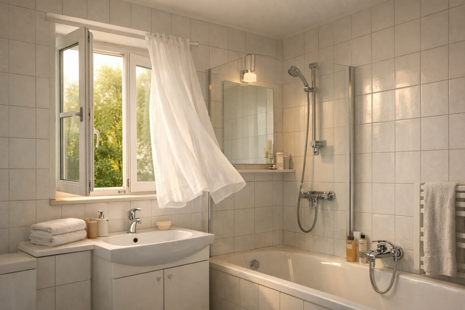 Åbent vindue i badeværelse – effektiv udluftning forebygger fugt og skimmelsvamp